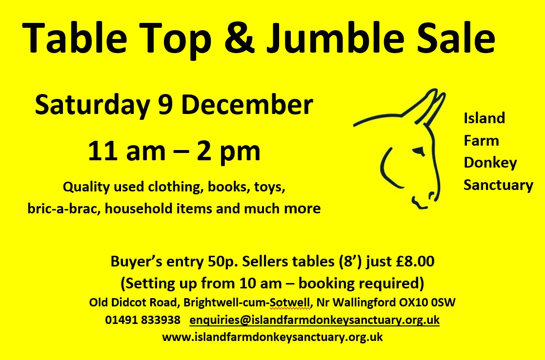Text advertising Island Farm Donkey Sanctuary Table Top sale